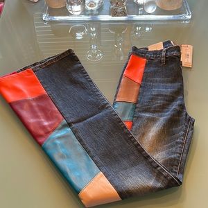 Brand new with tags, never worn Alice and Olivia denim jeans with leather trim